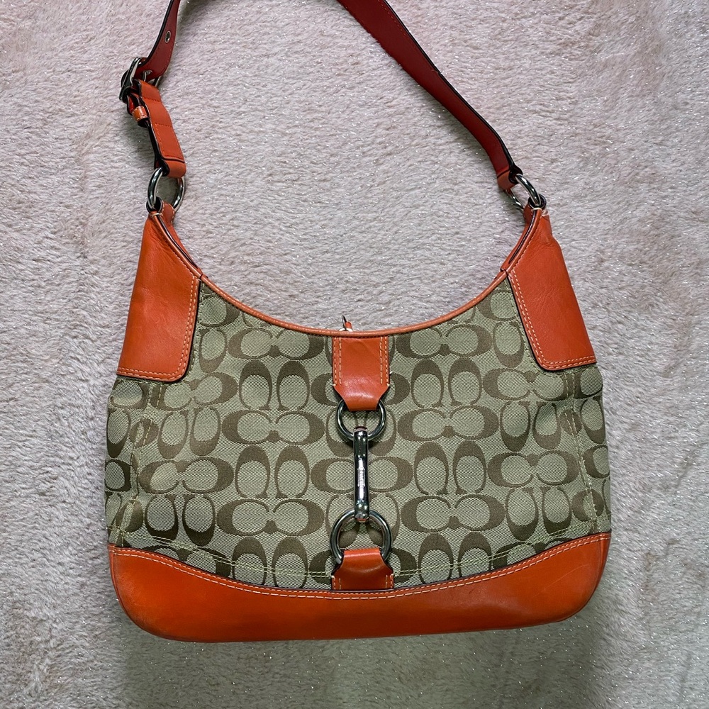 Coach Signature Hobo Shoulder Bag with Orange Trim